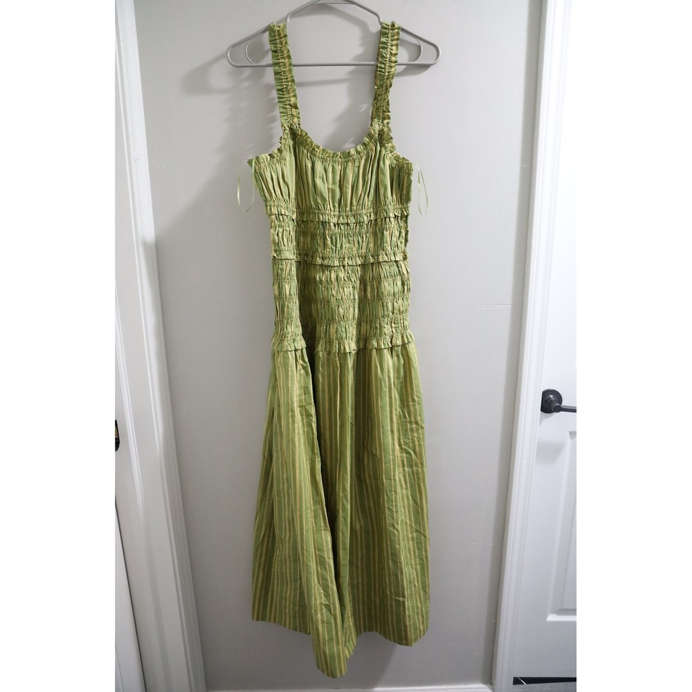 o.p.t Freya Cotton Green Striped Smocked Cotton Maxi Dress Ruffle Sleeveless M